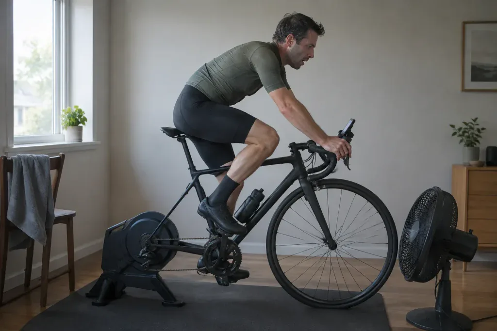 Test FTP w kolarstwie - kolarz amator podczas testu mocy progowej na trenażerze w domu