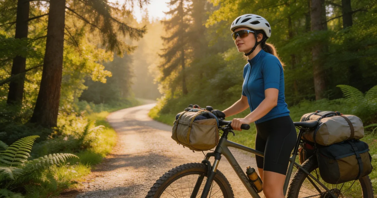 bikepacking na gravelu – kobieta z sakwami na leśnej drodze
