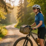 bikepacking na gravelu – kobieta z sakwami na leśnej drodze