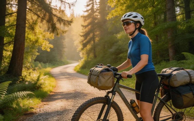 bikepacking na gravelu – kobieta z sakwami na leśnej drodze