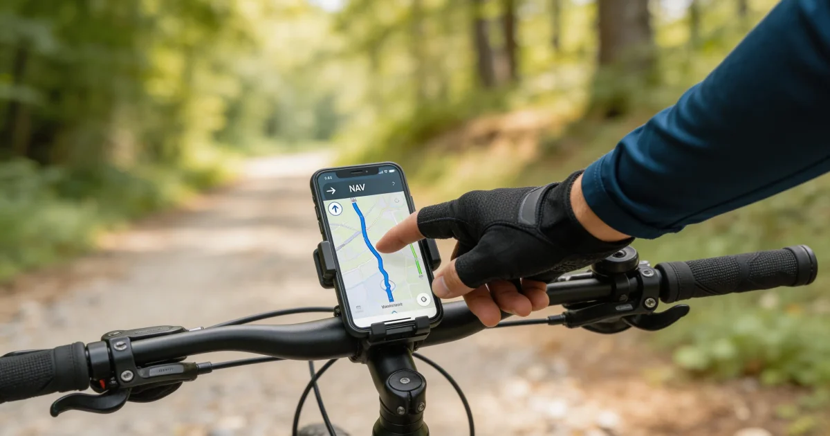 nawigacja rowerowa Komoot Strava – telefon na kierownicy roweru