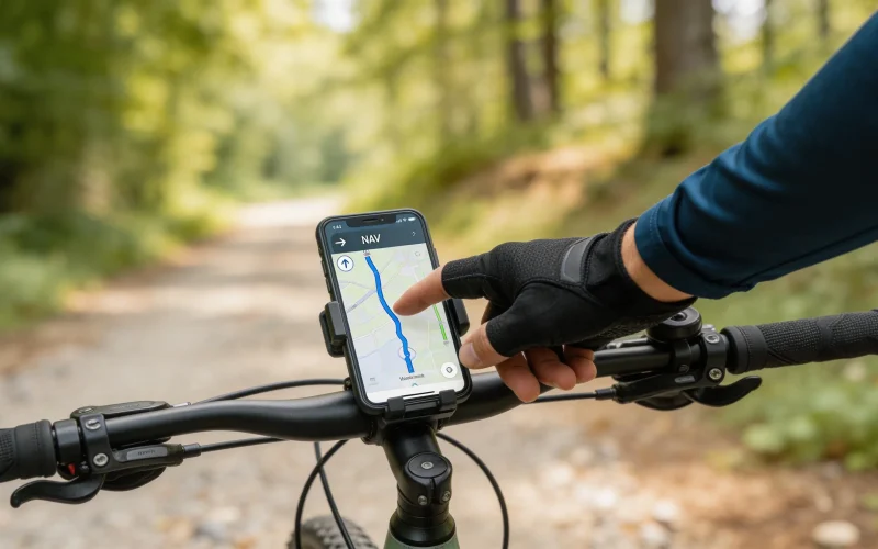 nawigacja rowerowa Komoot Strava – telefon na kierownicy roweru