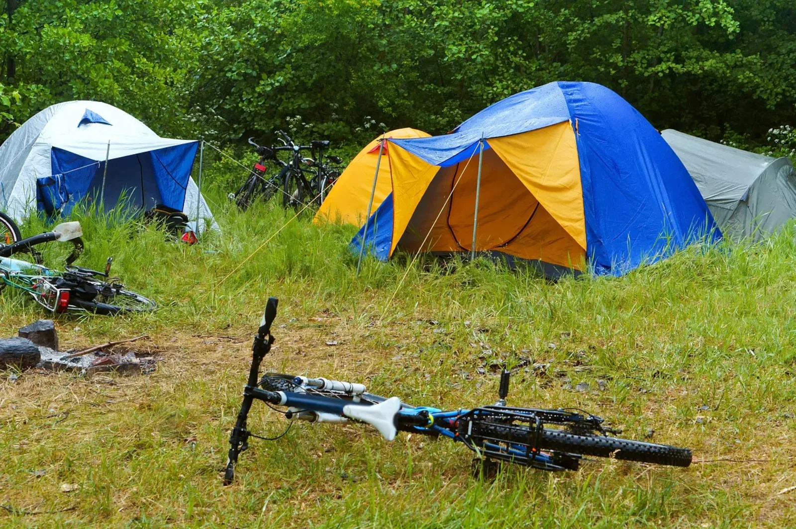 Biwak rowerowy, namioty i rowery bikepackingowe na trawie po drodze