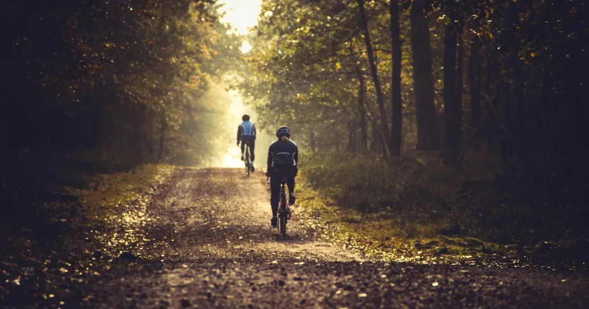 Dwie osoby na rowerach MTB w bukowym lesie o świcie — buty SPD na pedałach