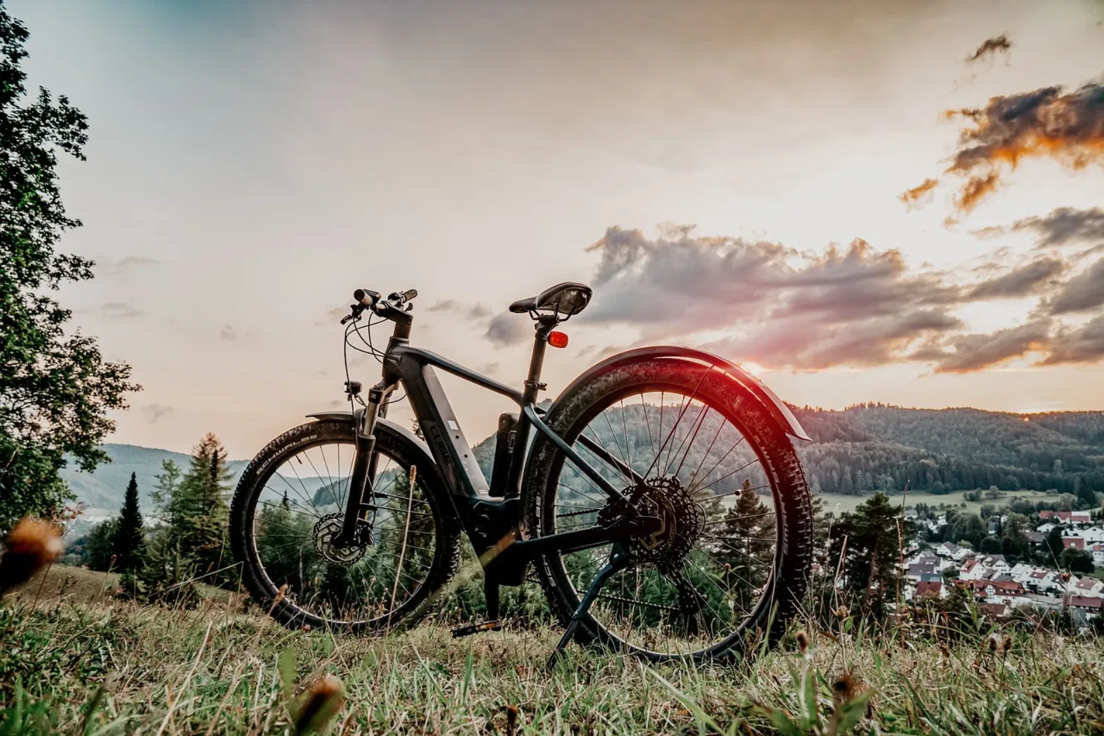 Rower e-MTB hardtail z silnikiem Bosch w środku ramy na łące o zachodzie słońca, w tle góry
