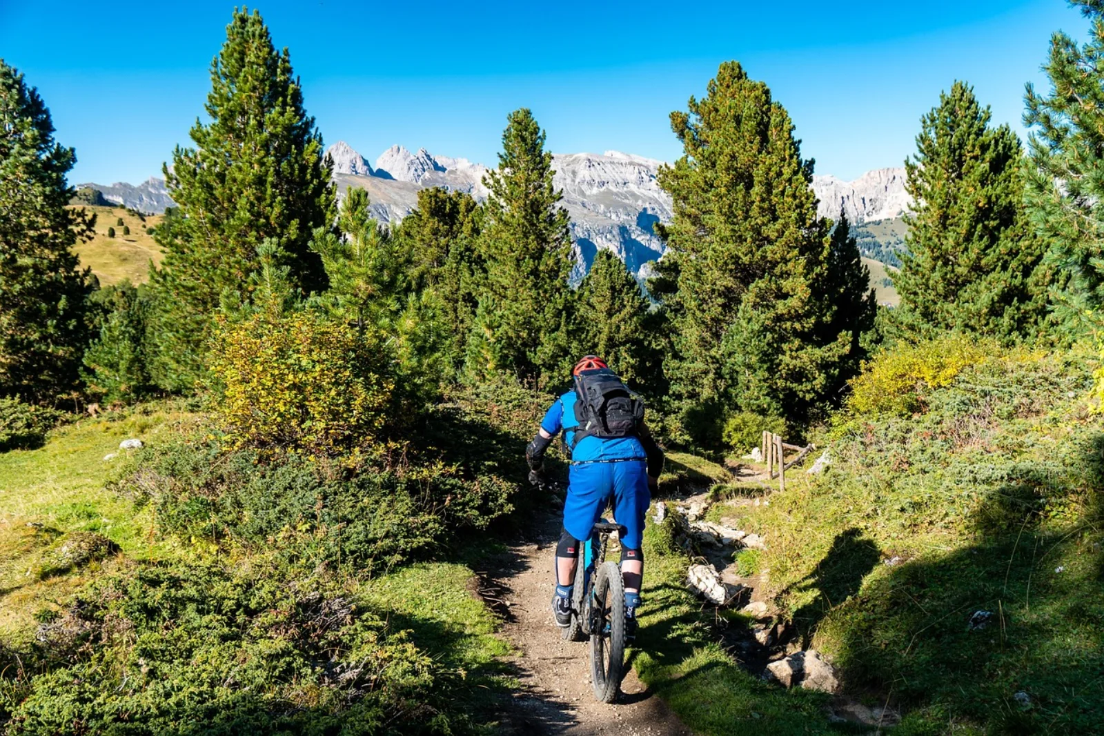 Rowerzysta na MTB trail w Dolomitach — singletrack, plecak, niebieski strój, panorama gór