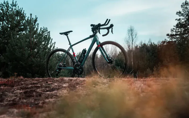 Rower gravel z drop-bar na piaszczystej leśnej polanie
