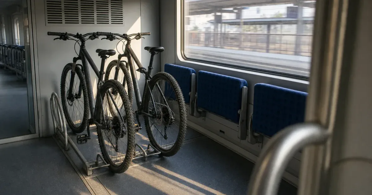 Dwa rowery MTB w stojaku w przedziale rowerowym pociągu regionalnego