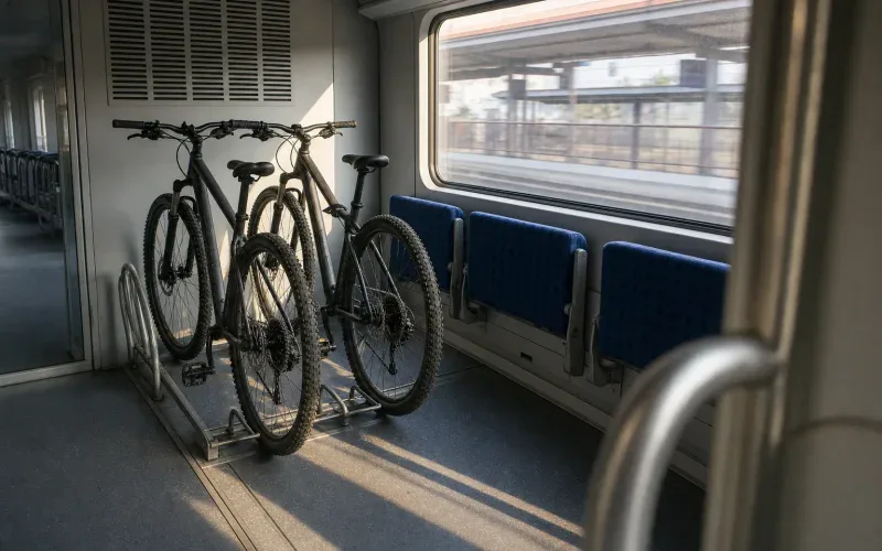 Dwa rowery MTB w stojaku w przedziale rowerowym pociągu regionalnego