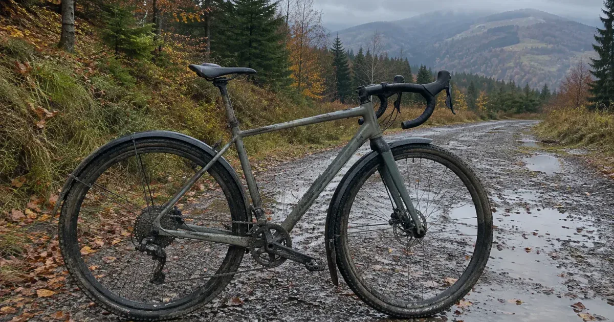 Rower gravel z pełnymi błotnikami na mokrej leśnej drodze jesienią w górach