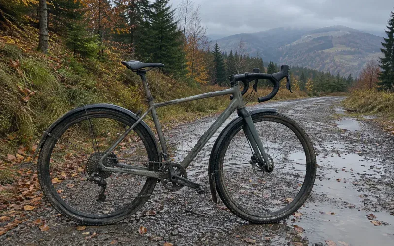 Rower gravel z pełnymi błotnikami na mokrej leśnej drodze jesienią w górach