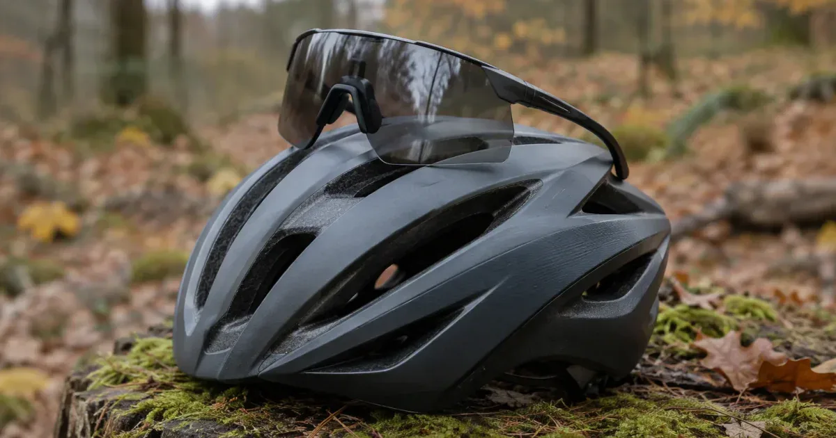 Okulary rowerowe z ciemnym szkłem położone na kasku rowerowym na pniu w jesiennym lesie