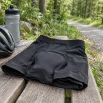 Czarne spodenki rowerowe z wkładką złożone na ławce obok kasku i bidonu przy leśnej ścieżce